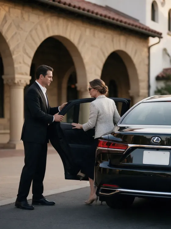 Chauffeur opening the rear door of a black Lexus sedan in Riverside
