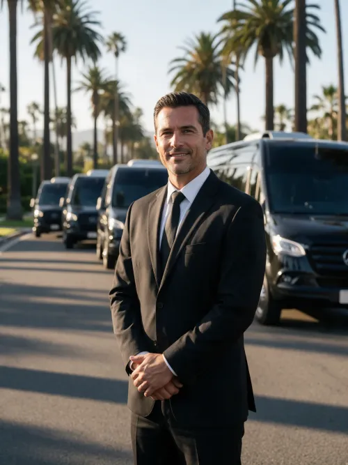 Professional chauffeur in front of the black Mercedes-Benz Sprinter fleet
